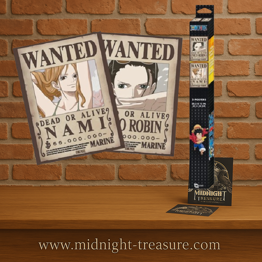 Set de 2 posters One Piece Wanted Nami et Nico Robin 52 x 38 cm par GB eye, avec leurs affiches de recherche de la Marine et leurs primes de 66 et 130 millions de berrys.