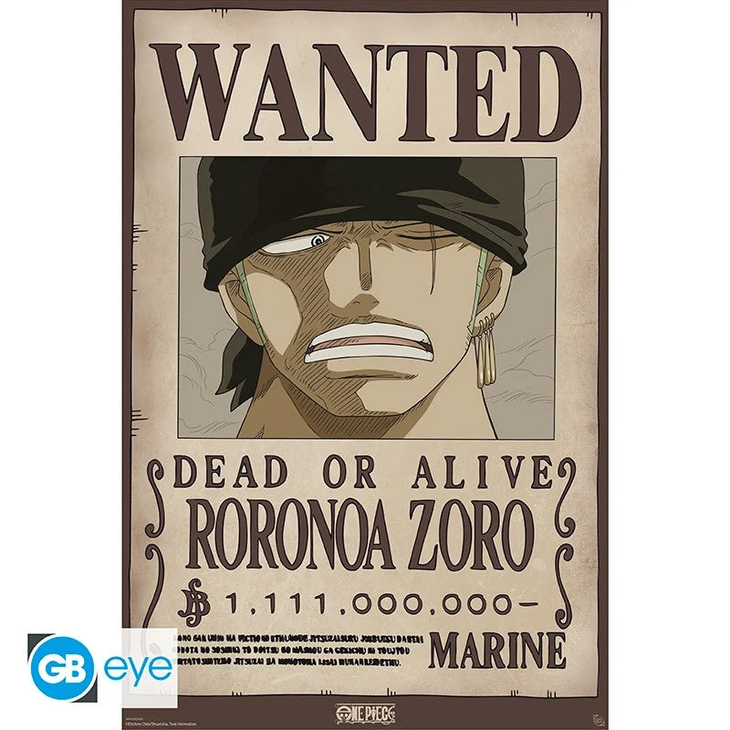 Poster One Piece – Wanted Roronoa Zoro Wano – 91 x 61 cm. Affiche Wanted officielle avec la prime de 1 111 000 000 de berrys après l’arc de Wano.