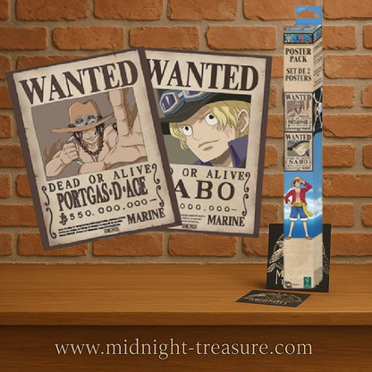 Set de 2 posters One Piece – Wanted Sabo & Ace – 52 x 38 cm – Officiel. Deux affiches Wanted de la Marine représentant Sabo et Portgas D. Ace, les frères de Luffy.