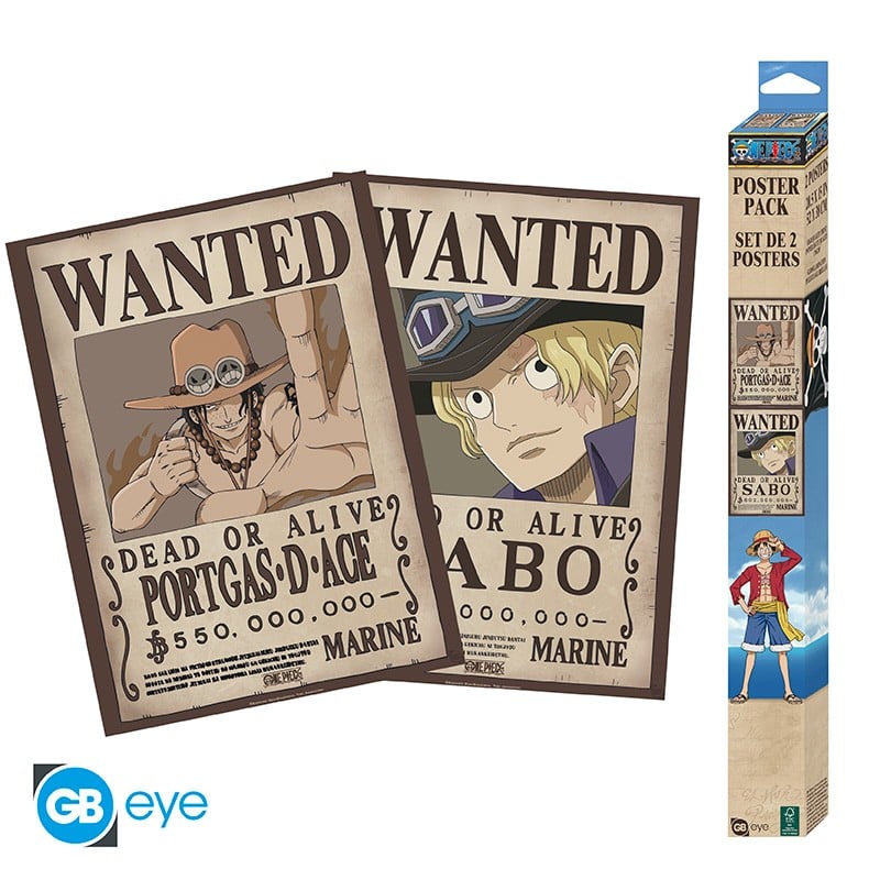 Set de 2 posters One Piece – Wanted Sabo & Ace – 52 x 38 cm – Officiel. Deux affiches Wanted de la Marine représentant Sabo et Portgas D. Ace, les frères de Luffy.