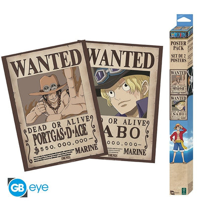 Set de 2 posters One Piece – Wanted Sabo & Ace – 52 x 38 cm – Officiel. Deux affiches Wanted de la Marine représentant Sabo et Portgas D. Ace, les frères de Luffy.