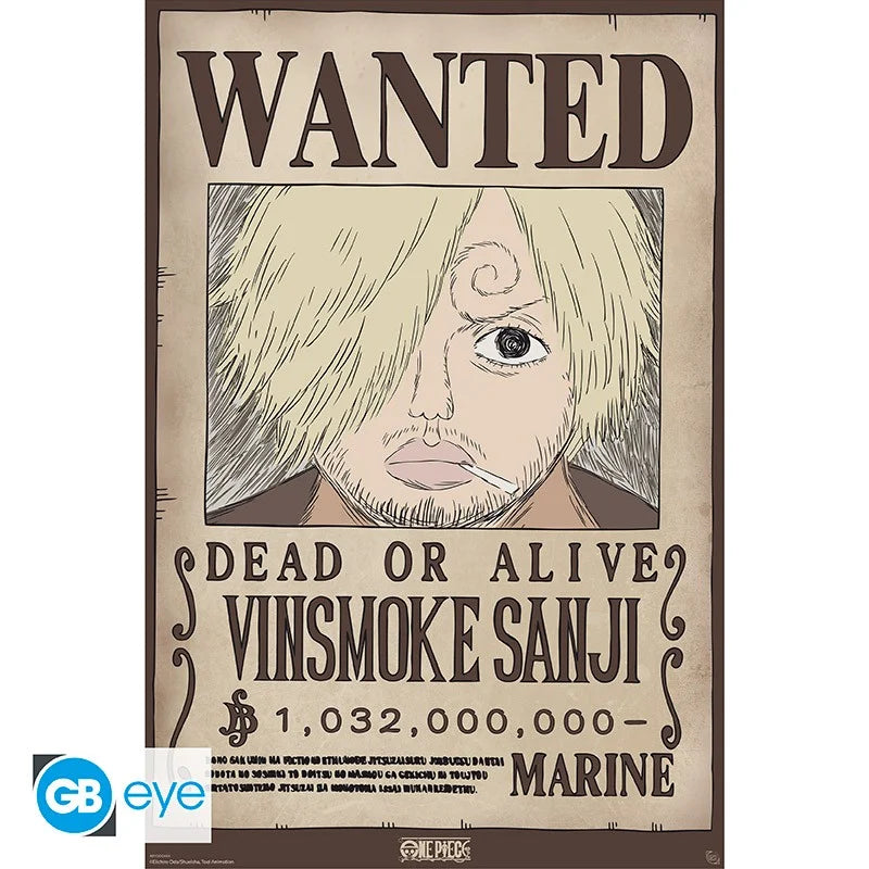 Poster One Piece – Wanted Sanji Wano – 91 x 61 cm. Affiche recherchée de Sanji avec sa prime de 1 032 000 000 berrys dans le style de l’arc Wano.
