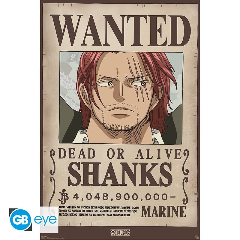 Poster One Piece – Wanted Shanks Wano – 91 x 61 cm. Prime de 4 048 900 000 berrys, style avis de recherche classique. Portrait détaillé du personnage dans un visuel emblématique.