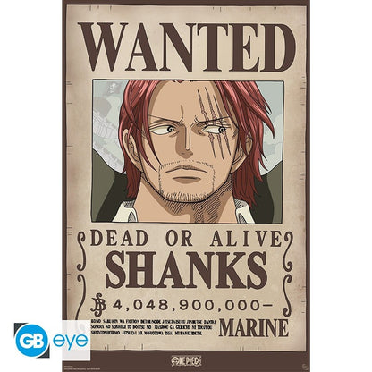 Poster One Piece – Wanted Shanks Wano – 91 x 61 cm. Prime de 4 048 900 000 berrys, style avis de recherche classique. Portrait détaillé du personnage dans un visuel emblématique.