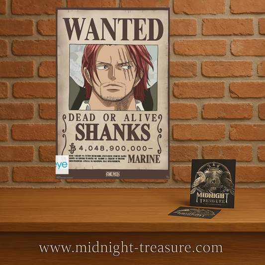 Poster One Piece – Wanted Shanks Wano – 91 x 61 cm. Prime de 4 048 900 000 berrys, style avis de recherche classique. Portrait détaillé du personnage dans un visuel emblématique.