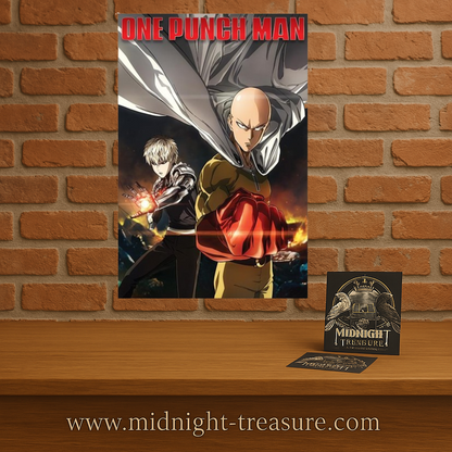 Poster One Punch Man – Destruction – 61 x 91 cm. Illustration de Saitama et Genos dans un combat explosif.