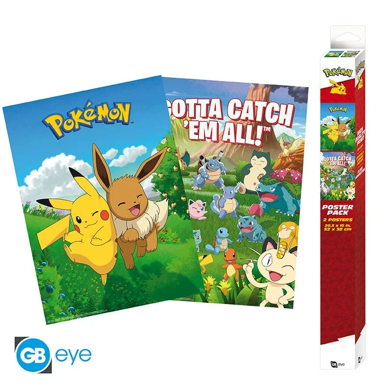 ⚡🌿 Pokémon – Pikachu, Évoli & Gotta Catch ’Em All! – Set de 2 posters 52 x 38 cm 🌿⚡