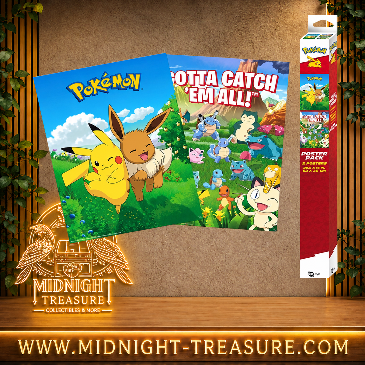 Set de 2 posters Pokémon 52 x 38 cm par GB eye avec Pikachu et Évoli sur une affiche et de nombreux Pokémon emblématiques de la première génération sur le poster Gotta Catch ’Em All.