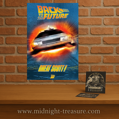 Poster Retour vers le Futur – 91 x 61 cm. Illustration de la DeLorean en pleine accélération entourée de flammes, scène emblématique du voyage dans le temps.