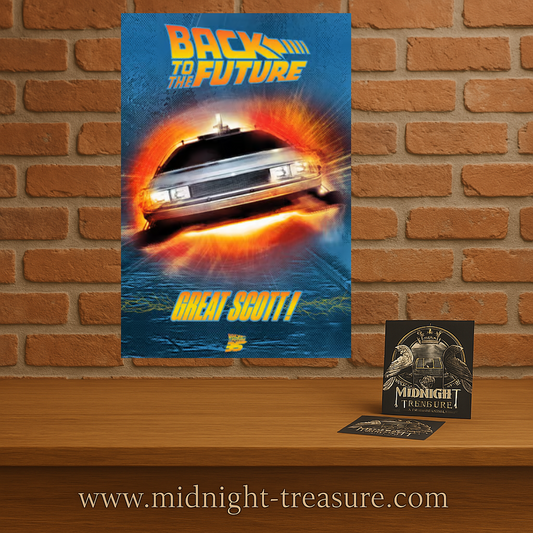 Poster Retour vers le Futur – 91 x 61 cm. Illustration de la DeLorean en pleine accélération entourée de flammes, scène emblématique du voyage dans le temps.