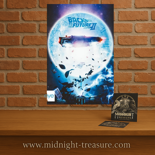 Poster Retour vers le futur – DeLorean volante – 91 x 61 cm. Illustration de la voiture iconique entourée d’éclairs et d’un vortex temporel.