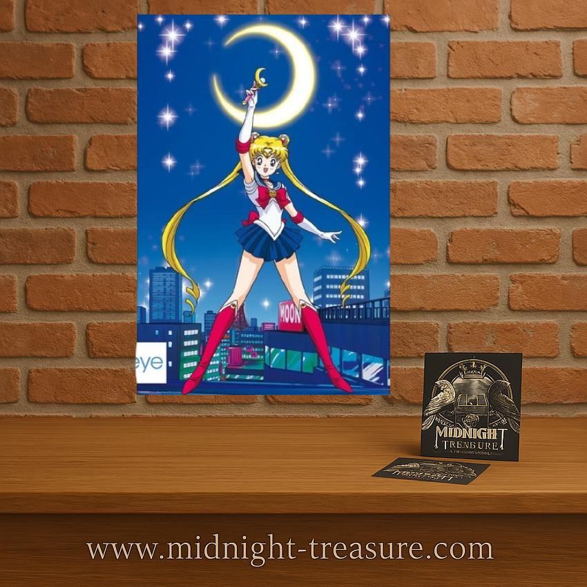 Poster Sailor Moon – 91 x 61 cm. Illustration de Sailor Moon brandissant son sceptre sous la lune, ambiance anime et magique.