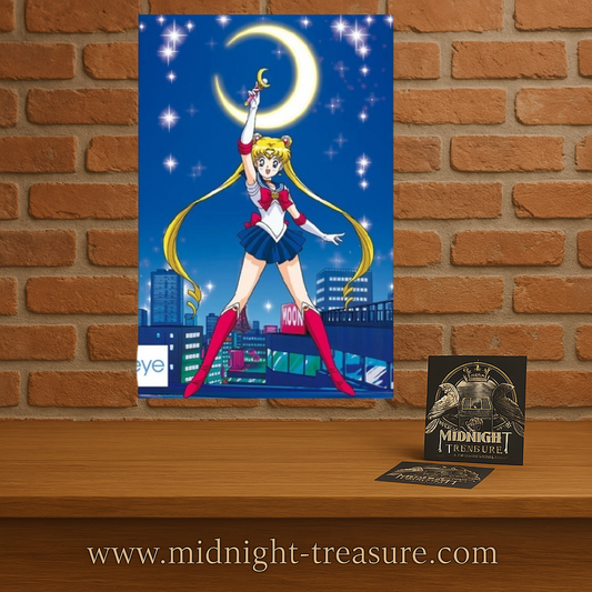 Poster Sailor Moon – 91 x 61 cm. Illustration de Sailor Moon brandissant son sceptre sous la lune, ambiance anime et magique.