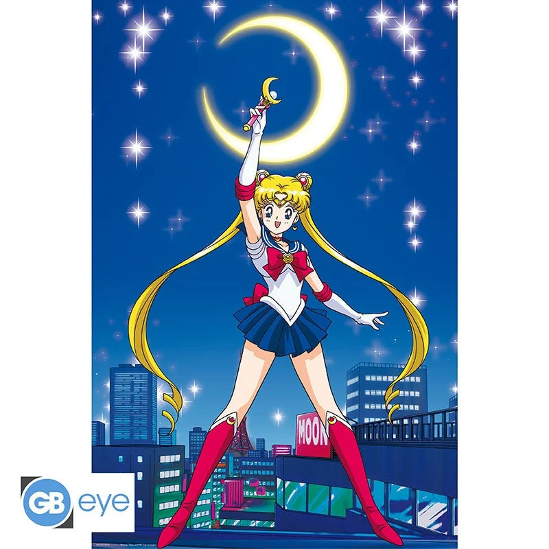 Poster Sailor Moon – 91 x 61 cm. Illustration de Sailor Moon brandissant son sceptre sous la lune, ambiance anime et magique.
