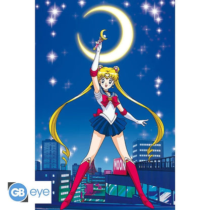 Poster Sailor Moon – 91 x 61 cm. Illustration de Sailor Moon brandissant son sceptre sous la lune, ambiance anime et magique.