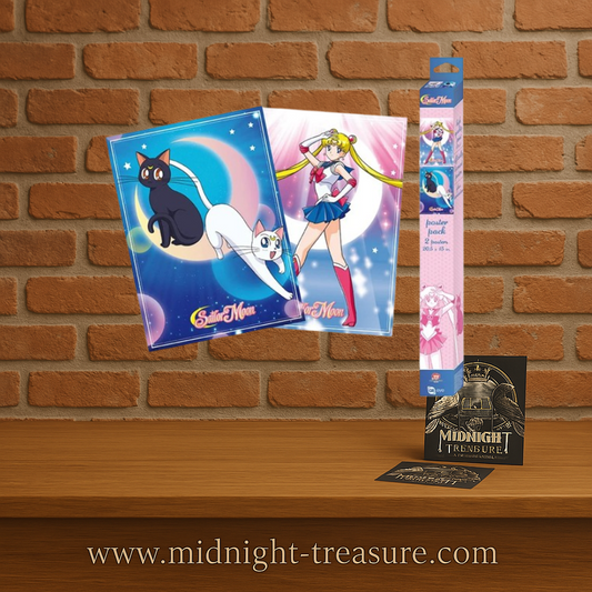 Set de 2 posters Sailor Moon avec Luna et Artémis sous la lune, ambiance magique et kawaii – format 52 x 38 cm.