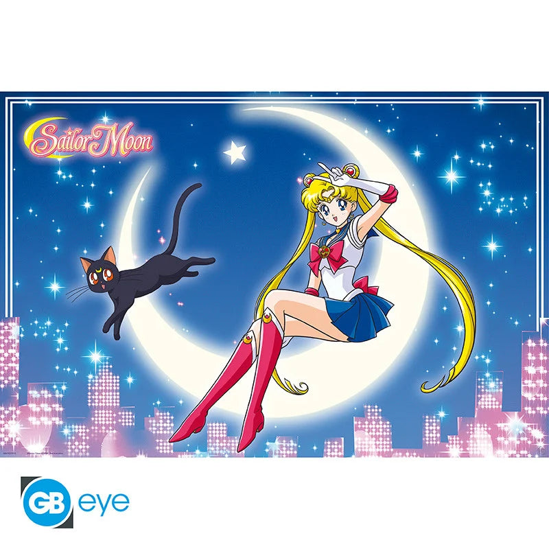Poster Sailor Moon – Sailor Moon & Luna – 91 x 61 cm. Illustration de Sailor Moon assise sur un croissant de lune avec son chat Luna, ambiance magique et étoilée.