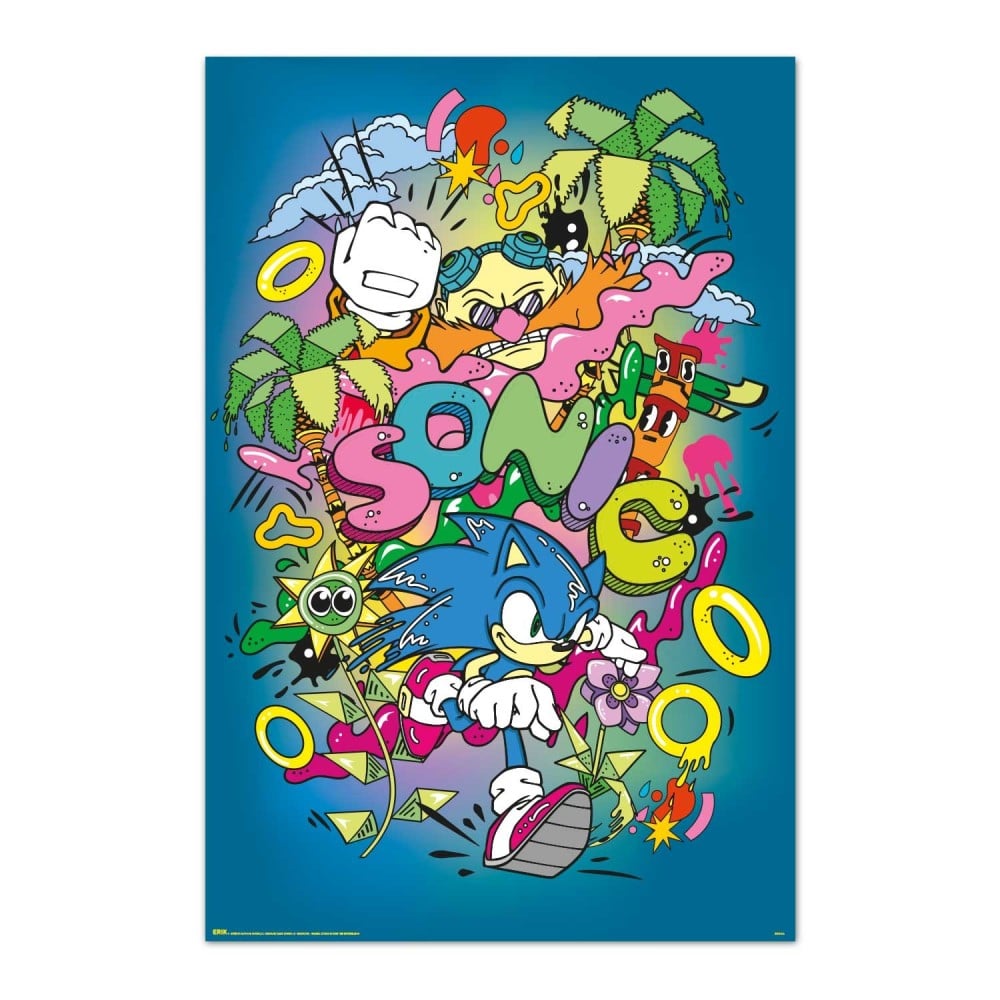 Poster Sonic – Pop Art – 61 x 91 cm. Illustration colorée et dynamique de Sonic dans un style cartoon pop avec anneaux et motifs explosifs.