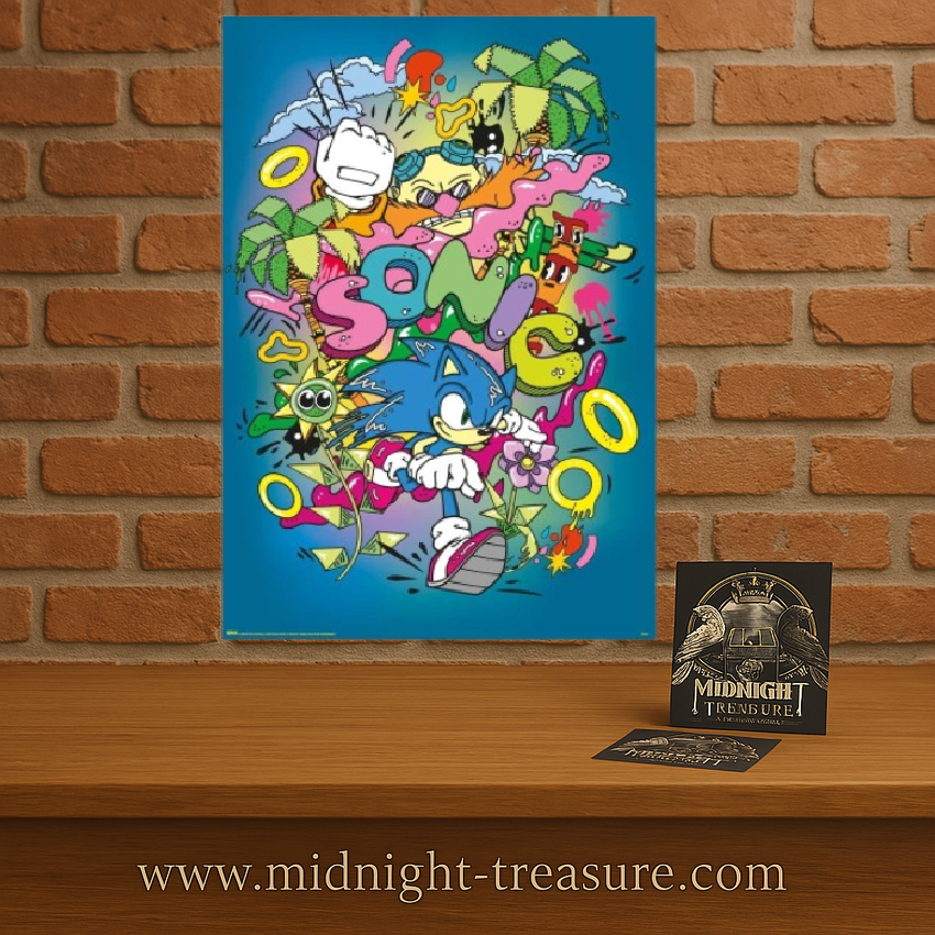 Poster Sonic – Pop Art – 61 x 91 cm. Illustration colorée et dynamique de Sonic dans un style cartoon pop avec anneaux et motifs explosifs.