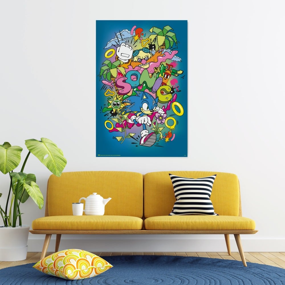 Poster Sonic – Pop Art – 61 x 91 cm. Illustration colorée et dynamique de Sonic dans un style cartoon pop avec anneaux et motifs explosifs.