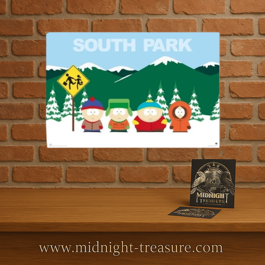 Poster South Park – Groupe – 61 x 91 cm. Illustration avec Stan, Kyle, Cartman et Kenny devant les montagnes enneigées.