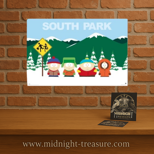 Poster South Park – Groupe – 61 x 91 cm. Illustration avec Stan, Kyle, Cartman et Kenny devant les montagnes enneigées.