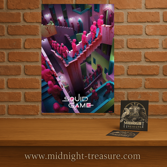 Poster Squid Game – Crazy Stairs – 61 x 91 cm – Officiel. Escaliers infinis remplis de gardes masqués en combinaisons roses, inspirés d’Escher. Un visuel culte et dérangeant pour les fans de Squid Game.