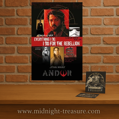 Poster Star Wars – Andor – For the Rebellion – 61 x 91,5 cm – Officiel. Cassian Andor entouré d’un Stormtrooper, de Bix et du droïde B2EMO, avec la phrase culte “Everything I do, I do for the Rebellion”.