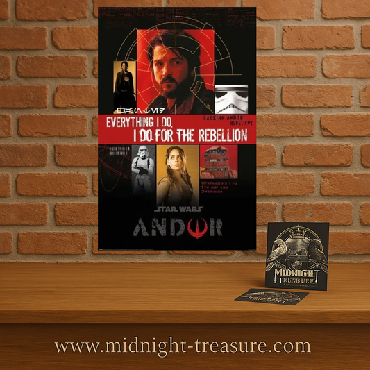 Poster Star Wars – Andor – For the Rebellion – 61 x 91,5 cm – Officiel. Cassian Andor entouré d’un Stormtrooper, de Bix et du droïde B2EMO, avec la phrase culte “Everything I do, I do for the Rebellion”.