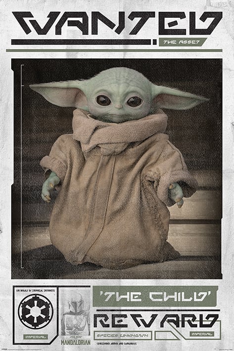 Poster Star Wars – The Mandalorian – Wanted The Child – 61 x 91 cm – Officiel. Affiche style “Wanted” de l’Empire mettant en avant Grogu (Baby Yoda) en manteau beige.