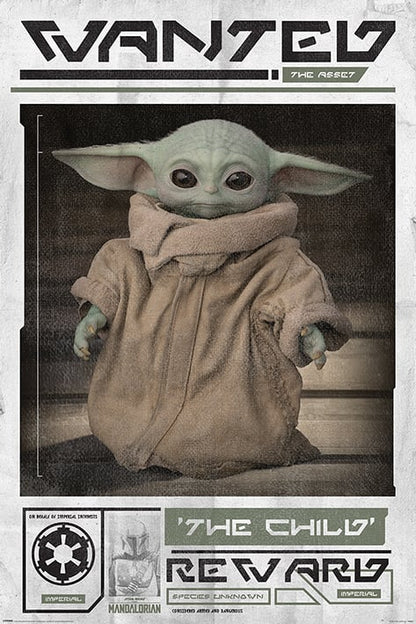 Poster Star Wars – The Mandalorian – Wanted The Child – 61 x 91 cm – Officiel. Affiche style “Wanted” de l’Empire mettant en avant Grogu (Baby Yoda) en manteau beige.