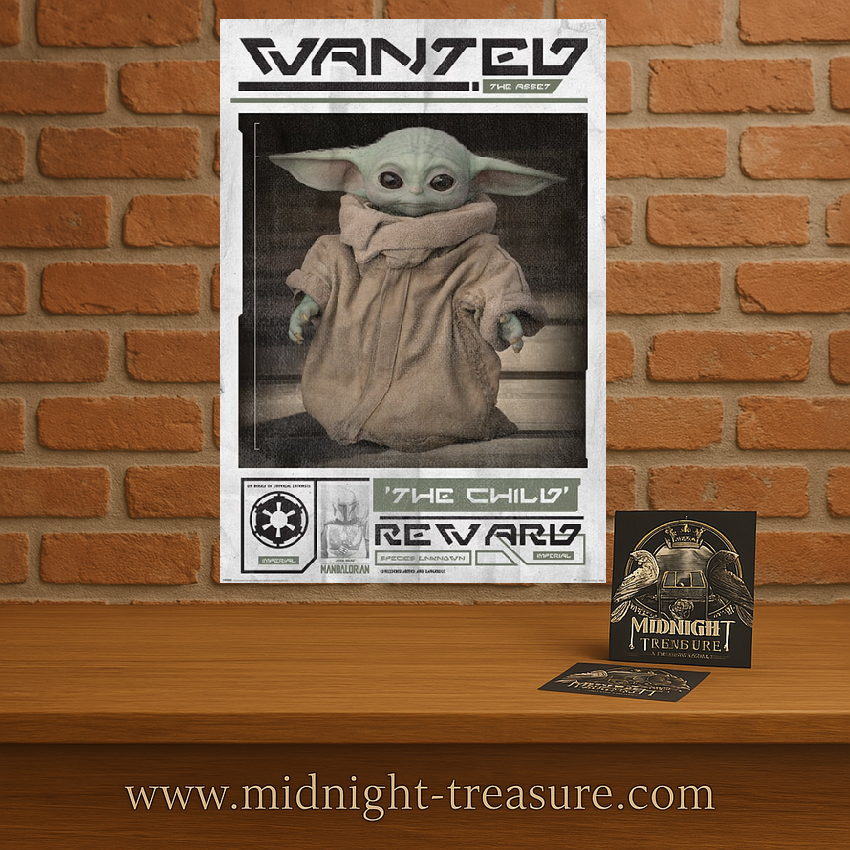 Poster Star Wars – The Mandalorian – Wanted The Child – 61 x 91 cm – Officiel. Affiche style “Wanted” de l’Empire mettant en avant Grogu (Baby Yoda) en manteau beige.