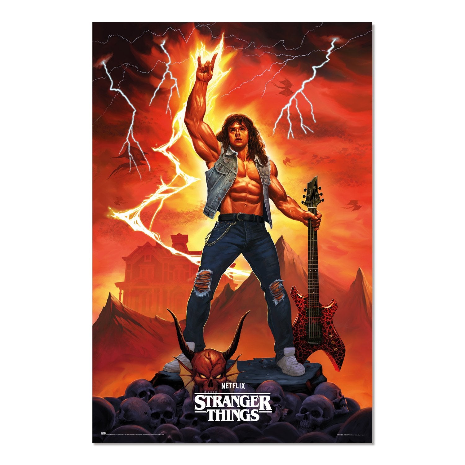 Poster Stranger Things – Eddie – 61 x 91,5 cm. Illustration épique d’Eddie Munson jouant de la guitare dans l’Upside Down avec éclairs et décor infernal. Un incontournable pour les fans de Stranger Things.

