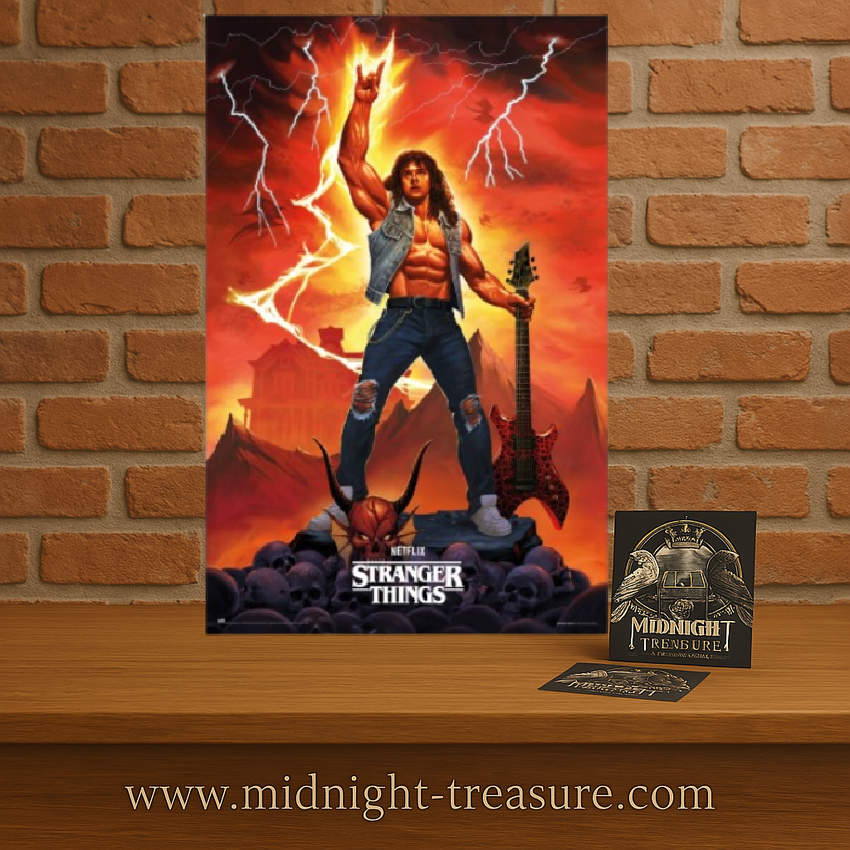 Poster Stranger Things – Eddie – 61 x 91,5 cm. Illustration épique d’Eddie Munson jouant de la guitare dans l’Upside Down avec éclairs et décor infernal. Un incontournable pour les fans de Stranger Things.

