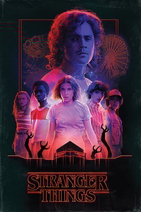 Poster Stranger Things – Horror – 61 x 91 cm – Officiel. Eleven entourée de ses amis face aux silhouettes du Monde à l’Envers, avec Billy en arrière-plan. Un visuel intense et inquiétant, parfait pour les fans de Stranger Things.