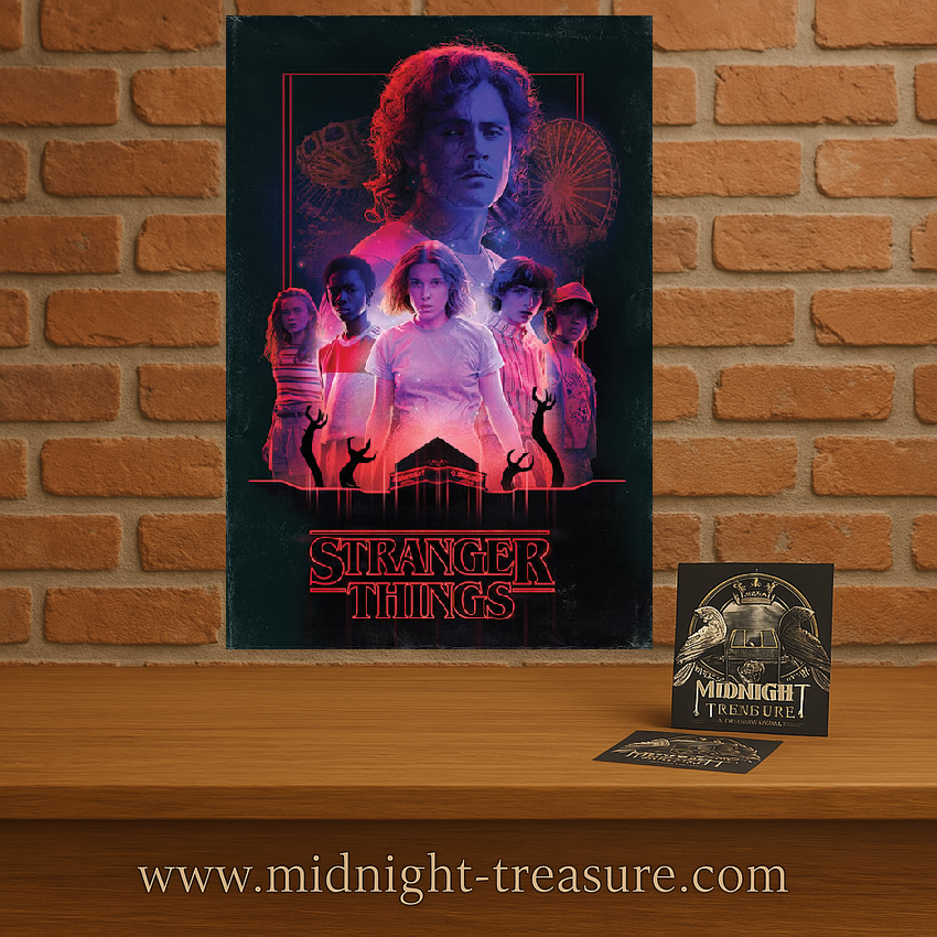 Poster Stranger Things – Horror – 61 x 91 cm – Officiel. Eleven entourée de ses amis face aux silhouettes du Monde à l’Envers, avec Billy en arrière-plan. Un visuel intense et inquiétant, parfait pour les fans de Stranger Things.