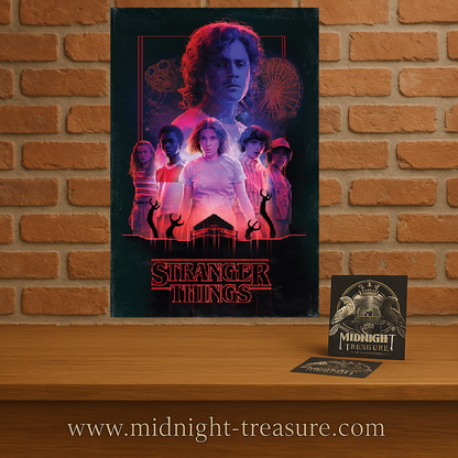 Poster Stranger Things – Horror – 61 x 91 cm – Officiel. Eleven entourée de ses amis face aux silhouettes du Monde à l’Envers, avec Billy en arrière-plan. Un visuel intense et inquiétant, parfait pour les fans de Stranger Things.