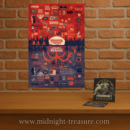 Poster Stranger Things – The Upside Down – 91 x 61 cm. Illustration détaillée opposant Hawkins et le Monde à l’Envers, univers culte de la série.