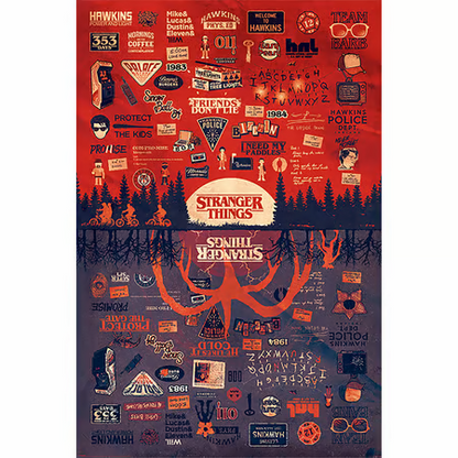 Poster Stranger Things – The Upside Down – 91 x 61 cm. Illustration détaillée opposant Hawkins et le Monde à l’Envers, univers culte de la série.