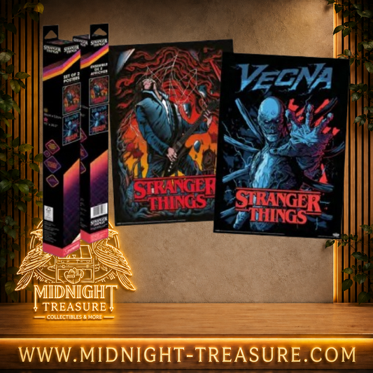 Set de 2 posters Stranger Things – Vecna & Eddie – 52 x 38 cm. Illustrations sombres et détaillées des personnages emblématiques de la série.