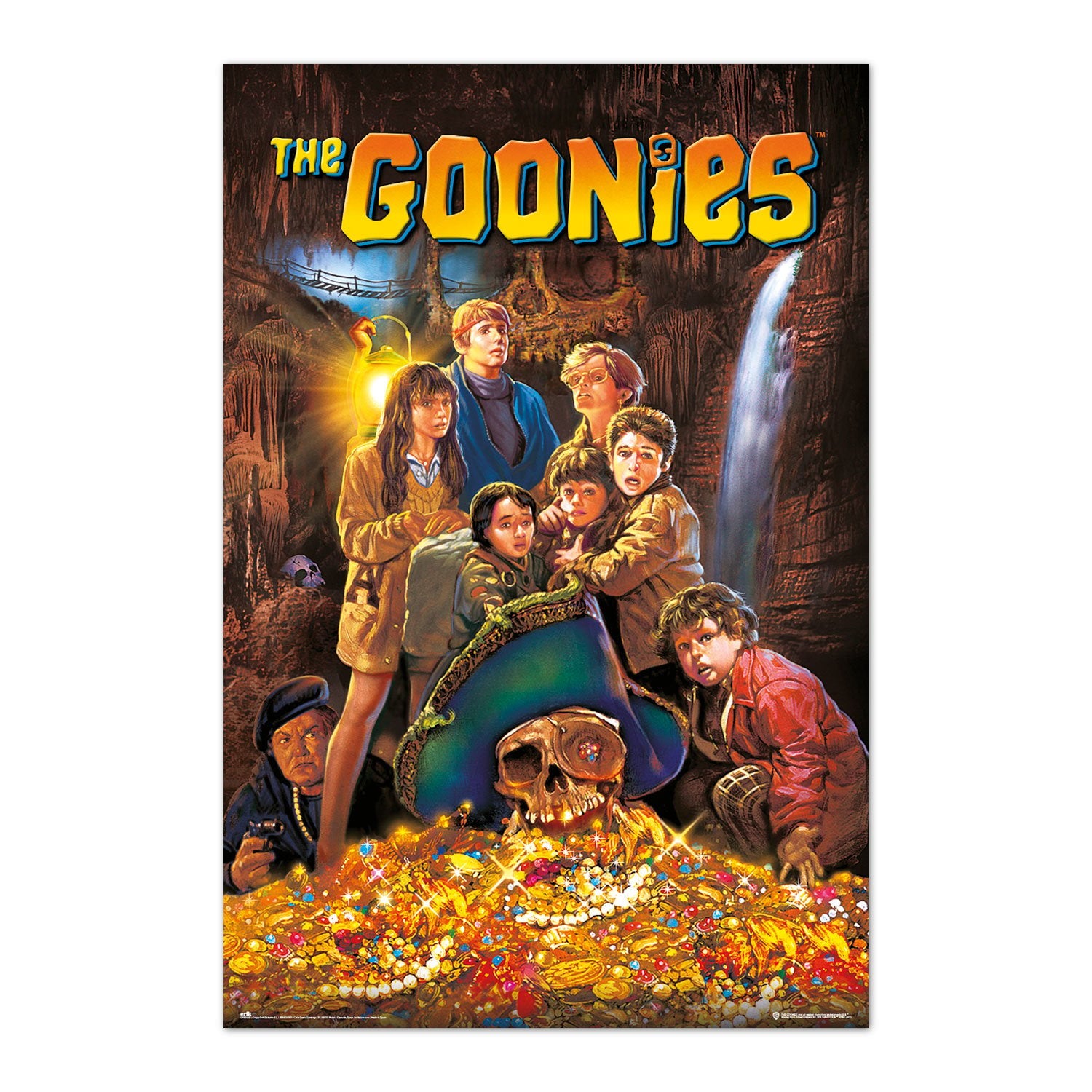 Poster The Goonies – Affiche Film – 61 x 91 cm – Officiel. Les jeunes héros du film autour d’un trésor de pirates et d’un crâne doré dans une grotte mystérieuse.