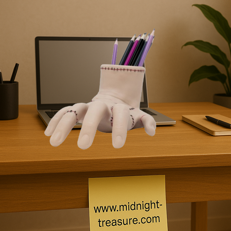 Pot à crayon 3D La Chose inspiré de la série Mercredi. Main décorative détaillée servant de rangement pour stylos et accessoires de bureau.