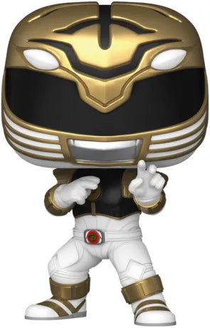 Funko Pop! Mighty Morphin Power Rangers: The Movie – White Ranger (N°1780). Figurine représentant Tommy Oliver en armure blanche et dorée, avec casque du Tigre Blanc et posture de combat. Un must-have pour les fans de Power Rangers.