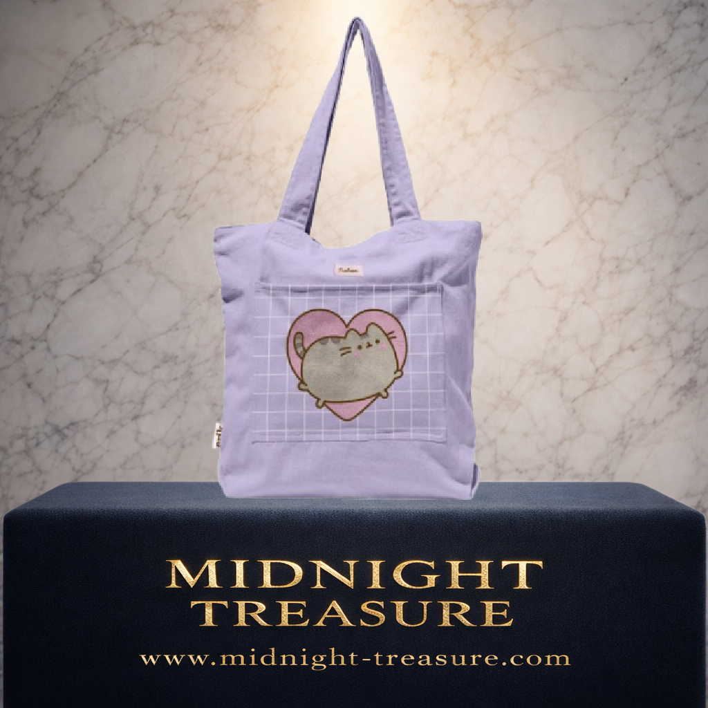 Tote Bag Premium Pusheen Love violet avec Pusheen dans un cœur rose et grande poche extérieure