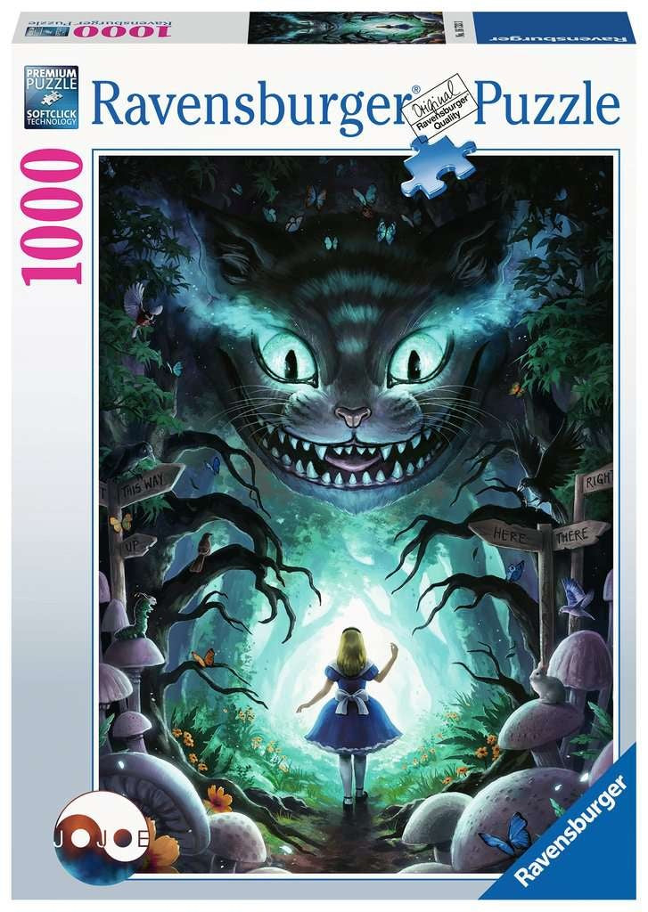 Puzzle Alice au Pays des Merveilles – Cheshire Cat – 1000 pièces – 50 x 70 cm – Ravensburger. Illustration magique et sombre du célèbre chat et d’Alice dans la forêt. Un puzzle immersif et original pour les fans du Pays des Merveilles.