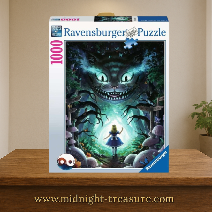 Puzzle Alice au Pays des Merveilles – Cheshire Cat – 1000 pièces – 50 x 70 cm – Ravensburger. Illustration magique et sombre du célèbre chat et d’Alice dans la forêt. Un puzzle immersif et original pour les fans du Pays des Merveilles.