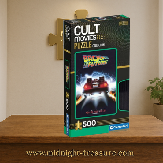 "Puzzle Back to the Future – 500 pièces – Clementoni. Affiche du film culte avec la DeLorean, dans une boîte au format VHS. Parfait pour les fans de cinéma rétro