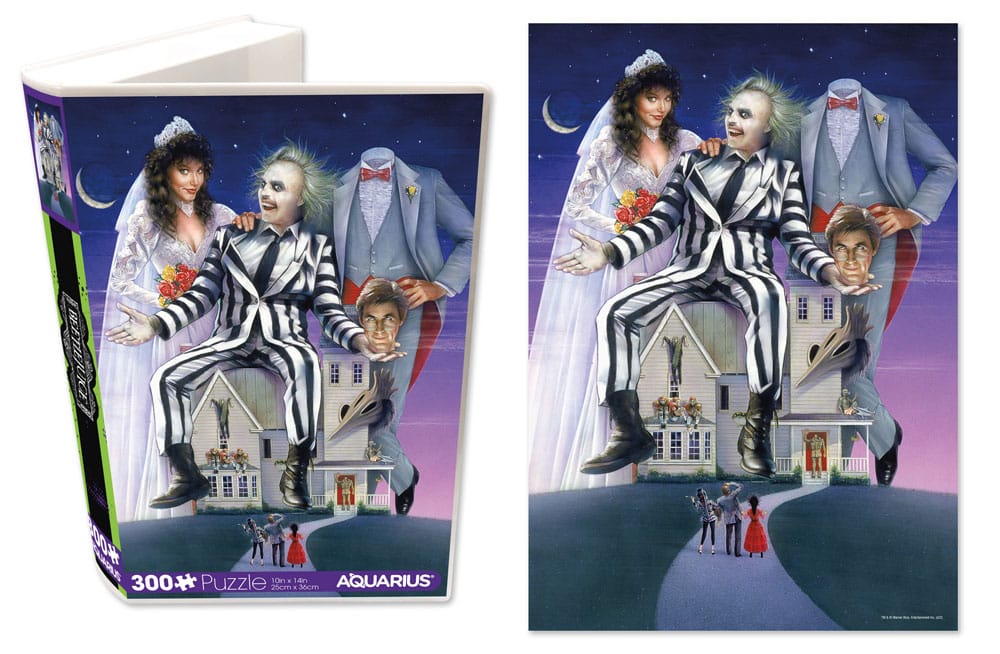 Puzzle Beetlejuice – VHS Collector – 300 pièces – 25 x 36 cm – Aquarius. Illustration culte de Beetlejuice avec son costume rayé noir et blanc. Un puzzle collector idéal pour les fans de Tim Burton et de cinéma rétro.