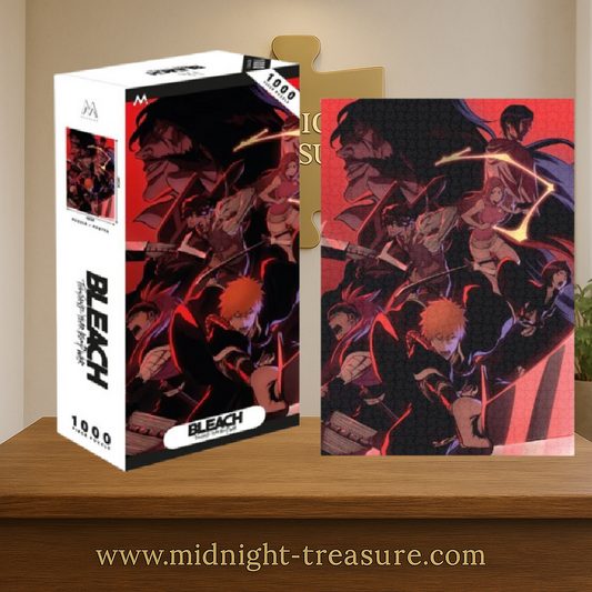 Puzzle Bleach – 1000 pièces – 48 x 68 cm – Poster inclus. Ichigo Kurosaki affrontant les Quincy avec Yhwach en arrière-plan dans une ambiance sombre et rouge. Puzzle collector officiel.