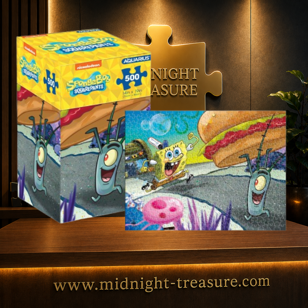 Puzzle Bob l’éponge – Plankton – 500 pièces Aquarius – 35 x 48 cm. Illustration colorée montrant Bob l’éponge et Plankton à Bikini Bottom devant un gigantesque Krabby Patty.